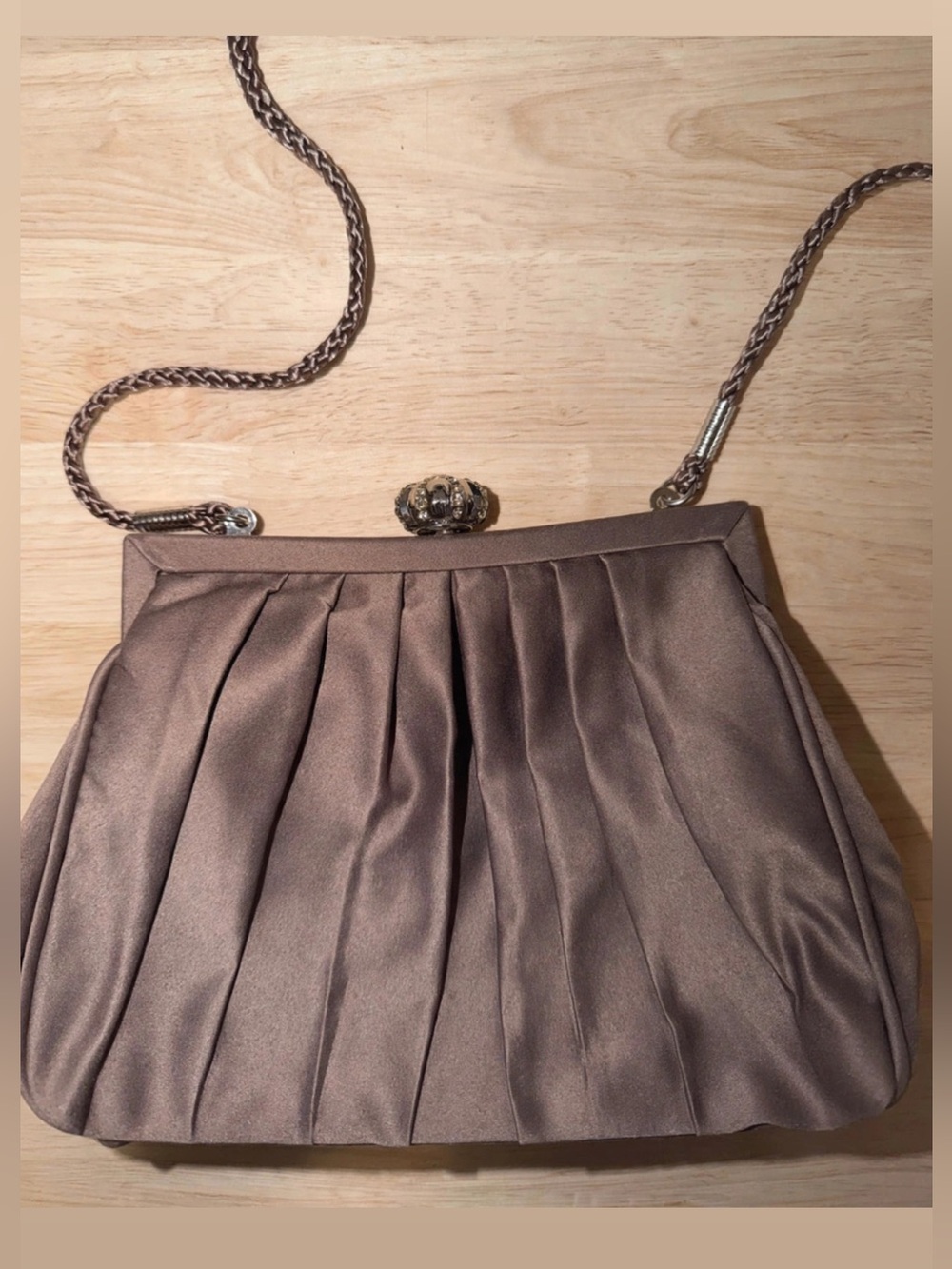 Elegant Pleated Evening Clutch in Taupe with Chain Strap